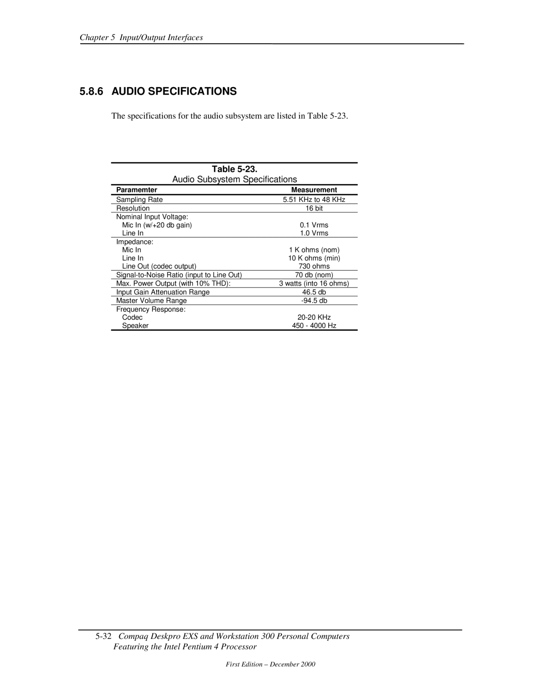 Compaq 850 manual Audio Specifications, Audio Subsystem Specifications, Paramemter Measurement 