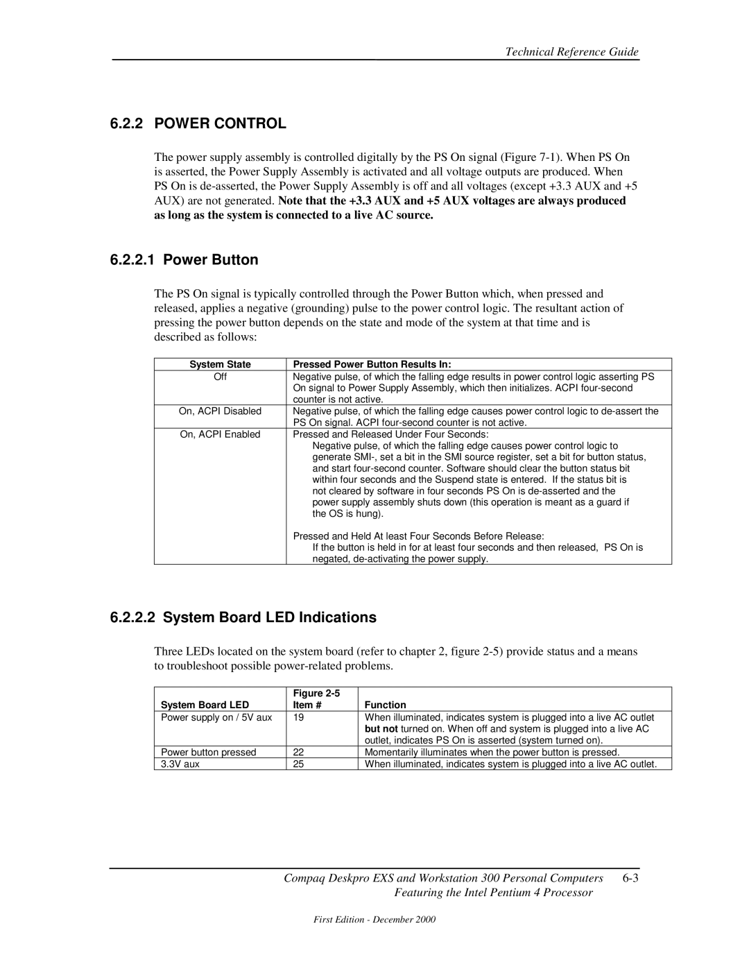 Compaq 850 manual Power Control, System Board LED Indications, System State Pressed Power Button Results 