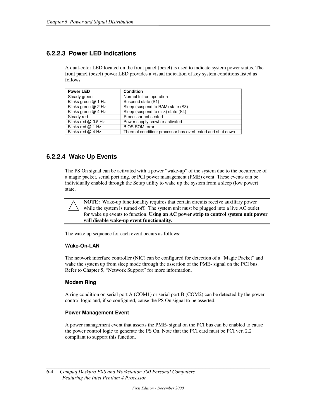 Compaq 850 manual Power LED Indications, Wake Up Events, Wake-On-LAN, Modem Ring, Power Management Event 