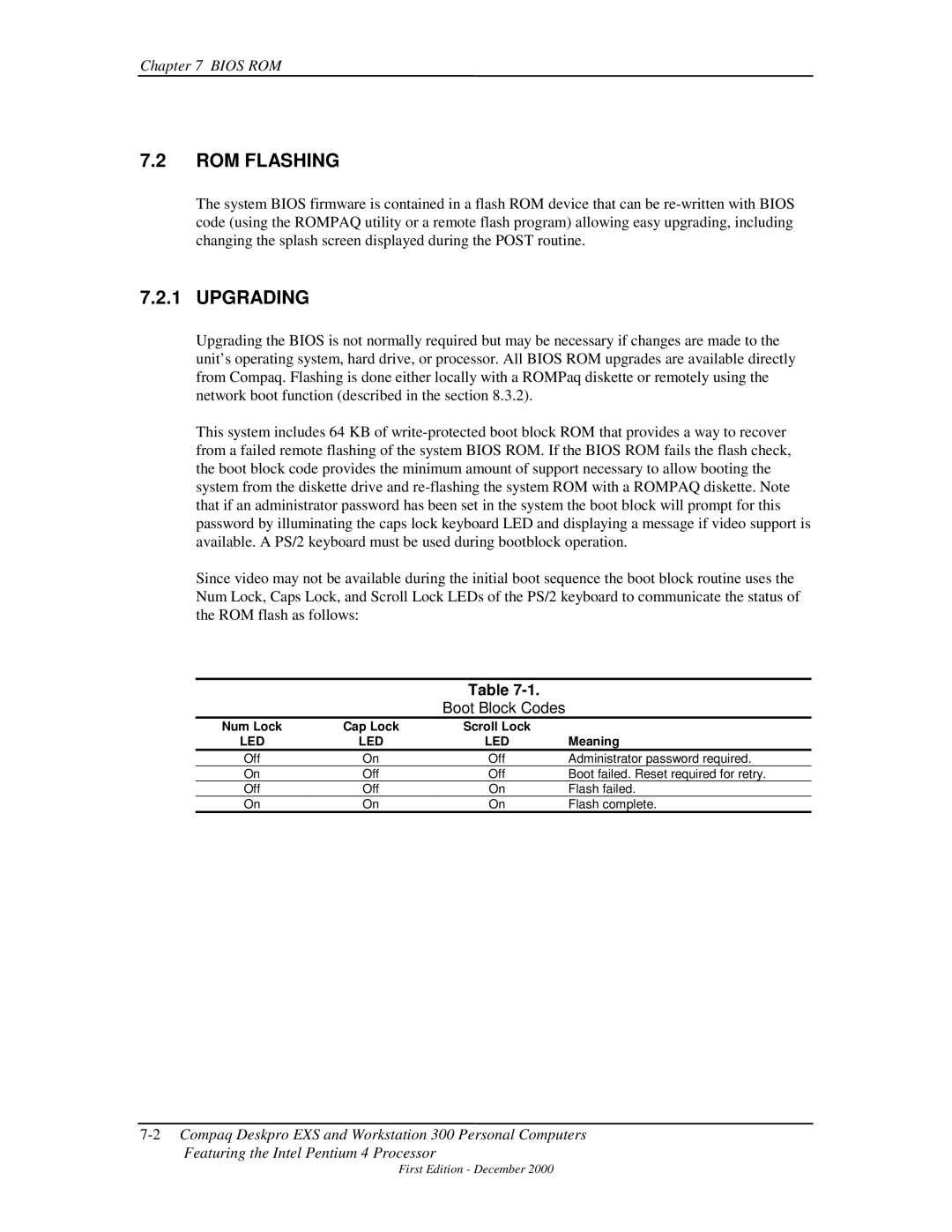 Compaq 850 manual ROM Flashing, Upgrading, Boot Block Codes, Num Lock Cap Lock Scroll Lock, Meaning 