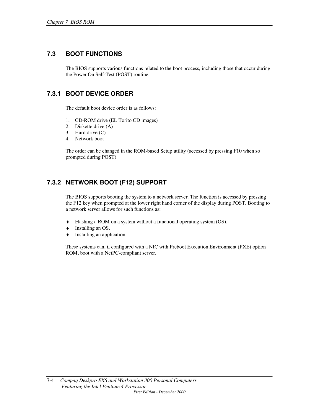 Compaq 850 manual Boot Functions, Boot Device Order, Network Boot F12 Support 