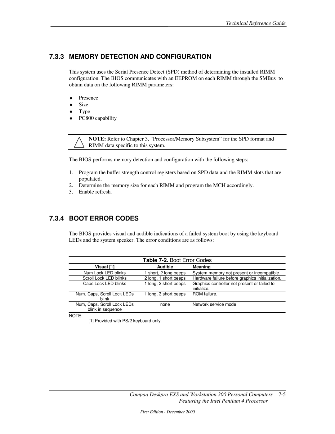 Compaq 850 manual Memory Detection and Configuration, Boot Error Codes, Visual Audible Meaning 