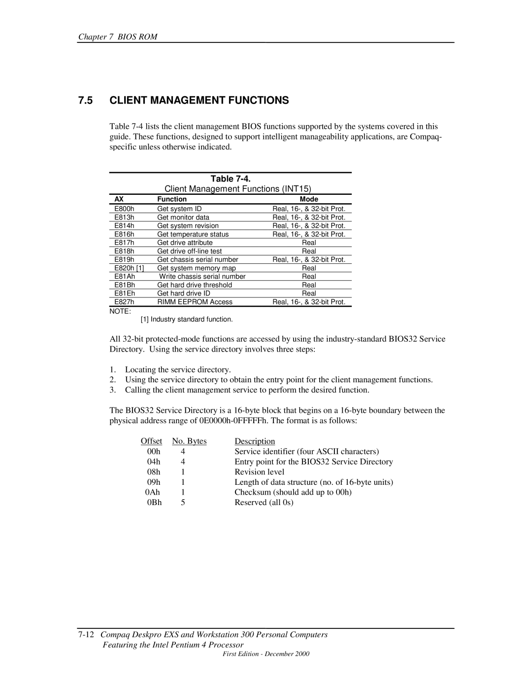 Compaq 850 manual Client Management Functions INT15, Function Mode 