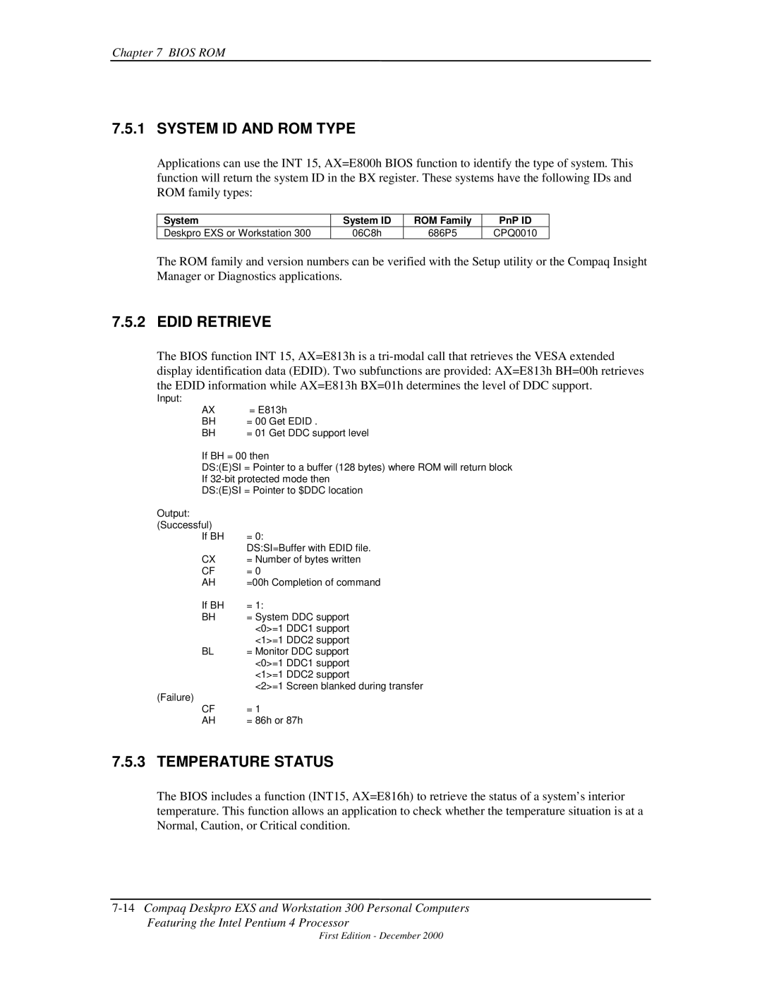 Compaq 850 manual System ID and ROM Type, Edid Retrieve, Temperature Status, System System ID ROM Family PnP ID 