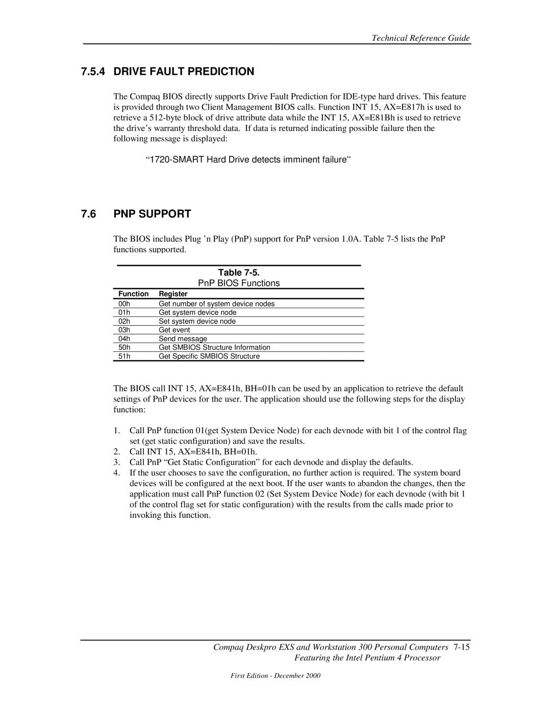 Compaq 850 manual Drive Fault Prediction, PNP Support, Smart Hard Drive detects imminent failure, PnP Bios Functions 