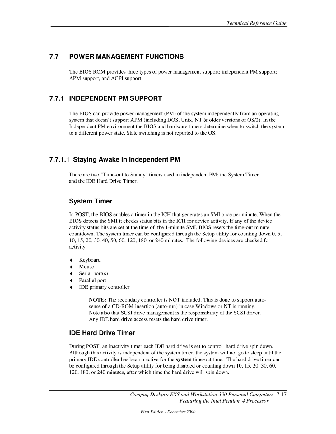 Compaq 850 manual Power Management Functions, Independent PM Support, Staying Awake In Independent PM, System Timer 