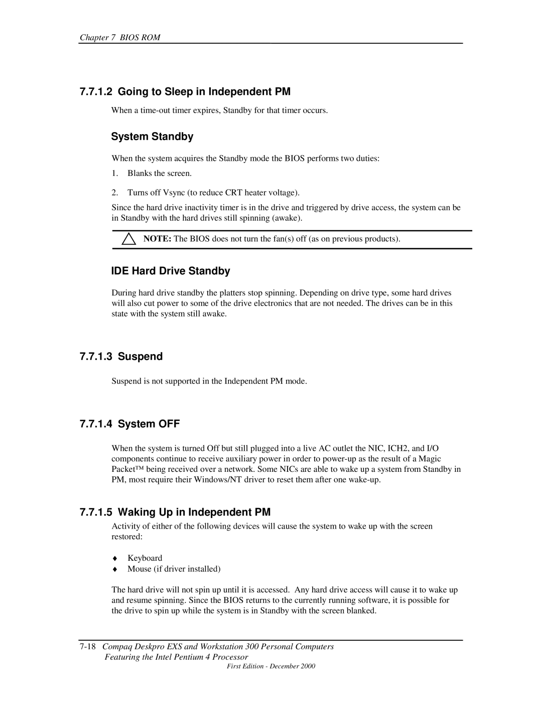 Compaq 850 manual Going to Sleep in Independent PM, System Standby, IDE Hard Drive Standby, Suspend, System OFF 