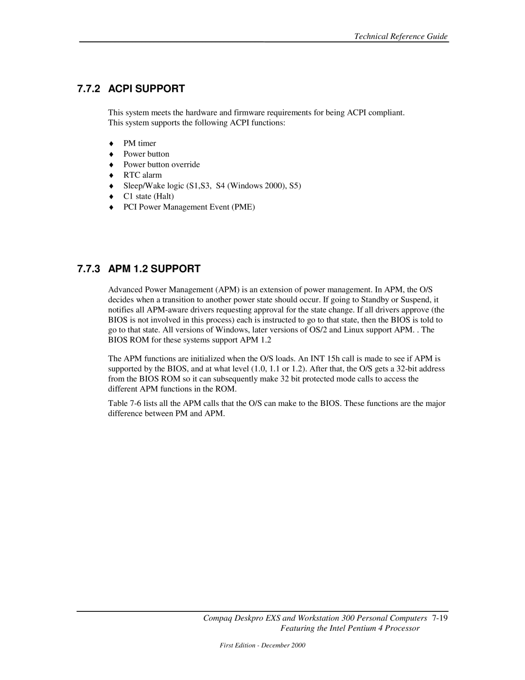 Compaq 850 manual Acpi Support, APM 1.2 Support 