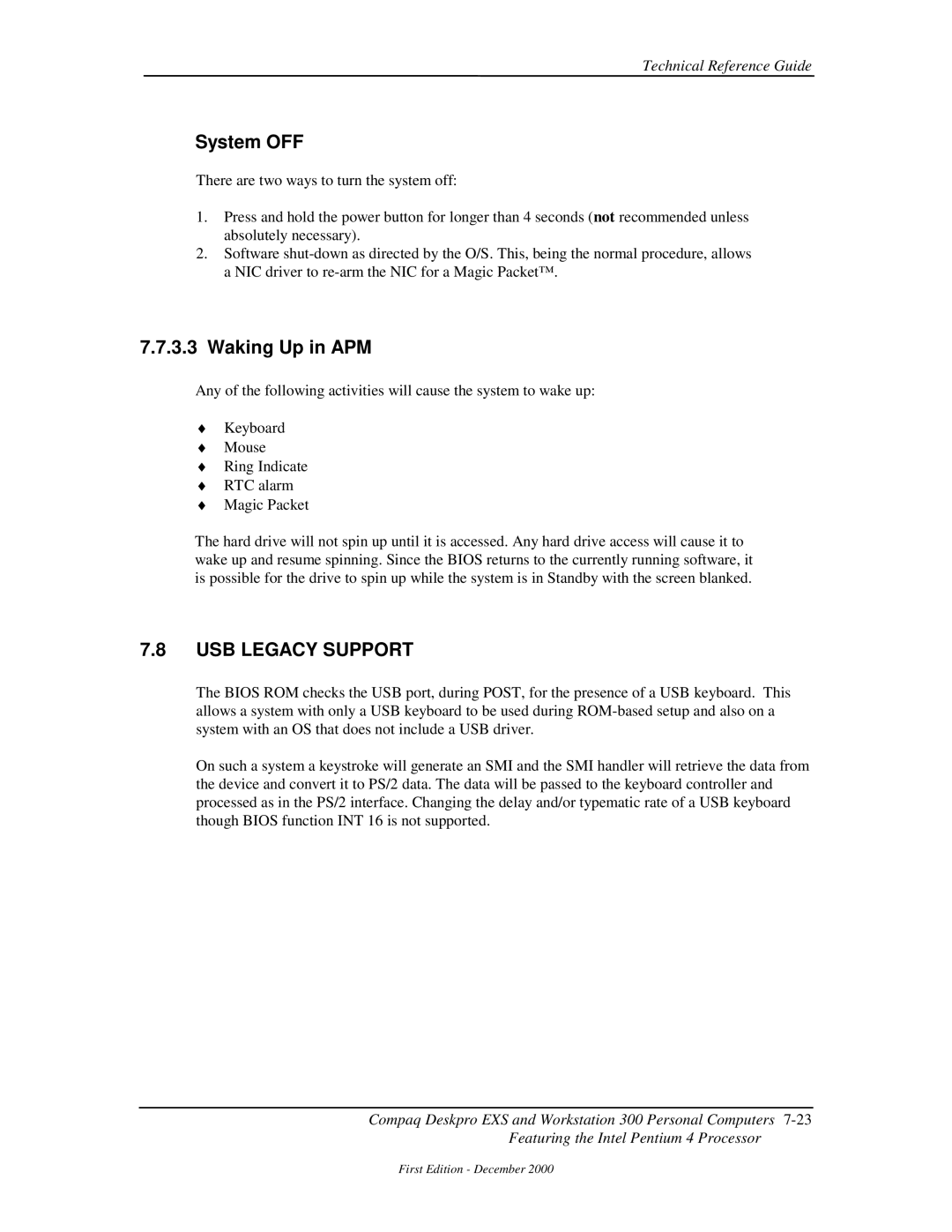 Compaq 850 manual Waking Up in APM, USB Legacy Support 