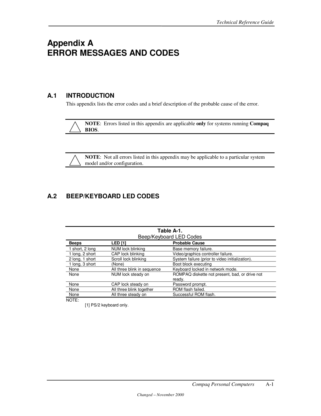 Compaq 850 Error Messages and Codes, BEEP/KEYBOARD LED Codes, Table A-1, Beep/Keyboard LED Codes, Beeps LED Probable Cause 