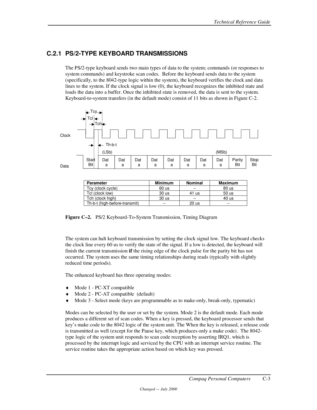 Compaq 850 manual 1 PS/2-TYPE Keyboard Transmissions, Parameter Minimum Nominal Maximum 