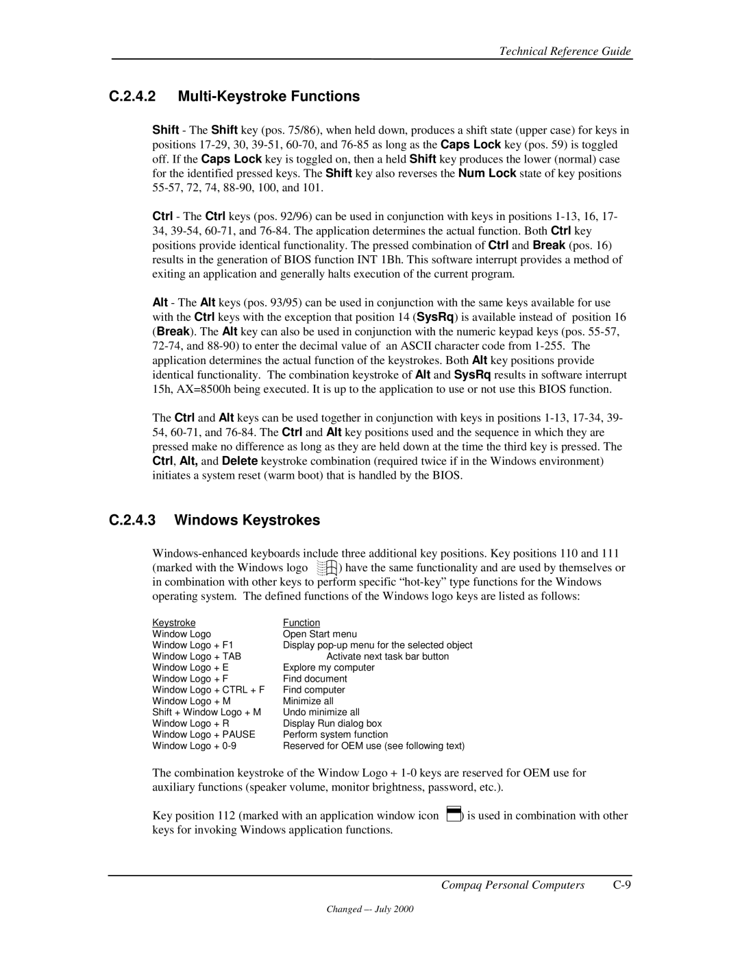 Compaq 850 manual Multi-Keystroke Functions, Windows Keystrokes 