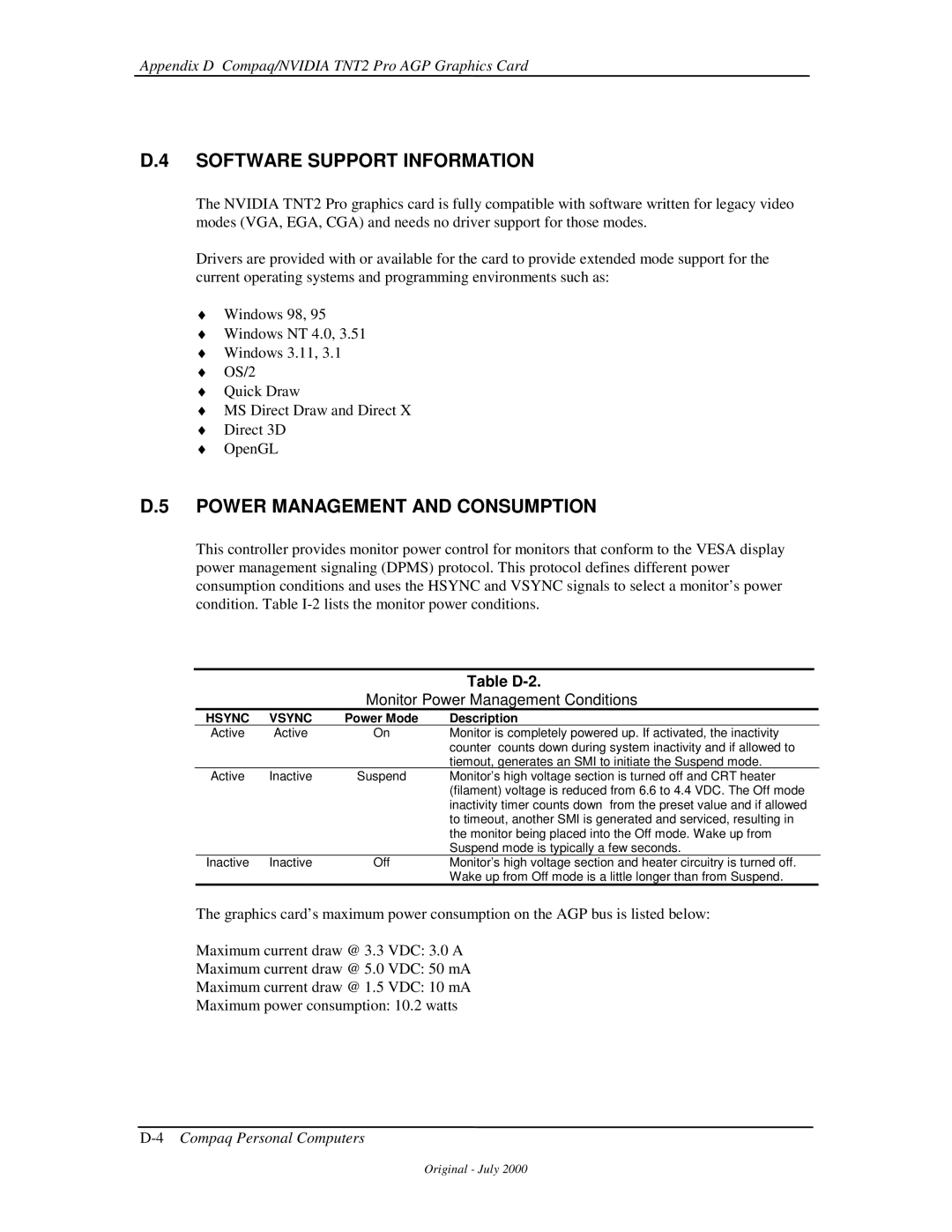 Compaq 850 Software Support Information, Power Management and Consumption, Table D-2, Monitor Power Management Conditions 