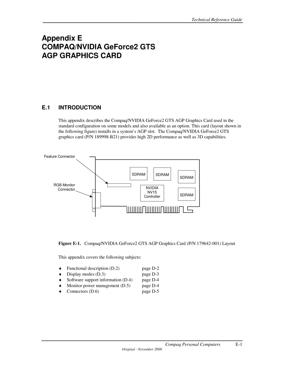 Compaq 850 manual Appendix E Compaq/NVIDIA GeForce2 GTS AGP Graphics Card, Sdram Nvidia 