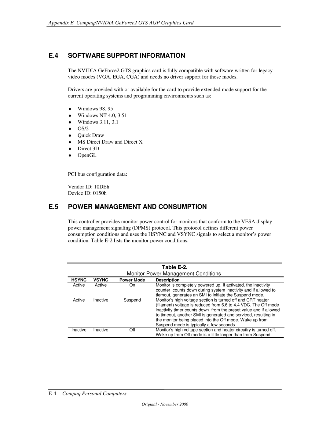 Compaq 850 manual Software Support Information, Table E-2 