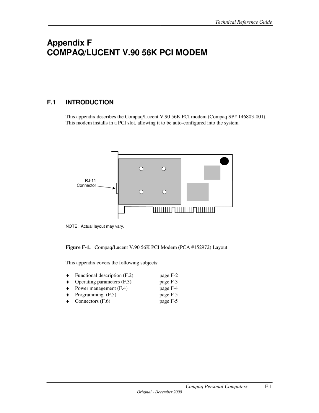 Compaq 850 manual COMPAQ/LUCENT V.90 56K PCI Modem, Appendix F Compaq/Lucent V.90 56K PCI Modem 