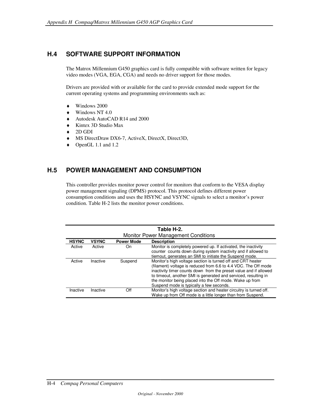 Compaq 850 manual Software Support Information, Table H-2 