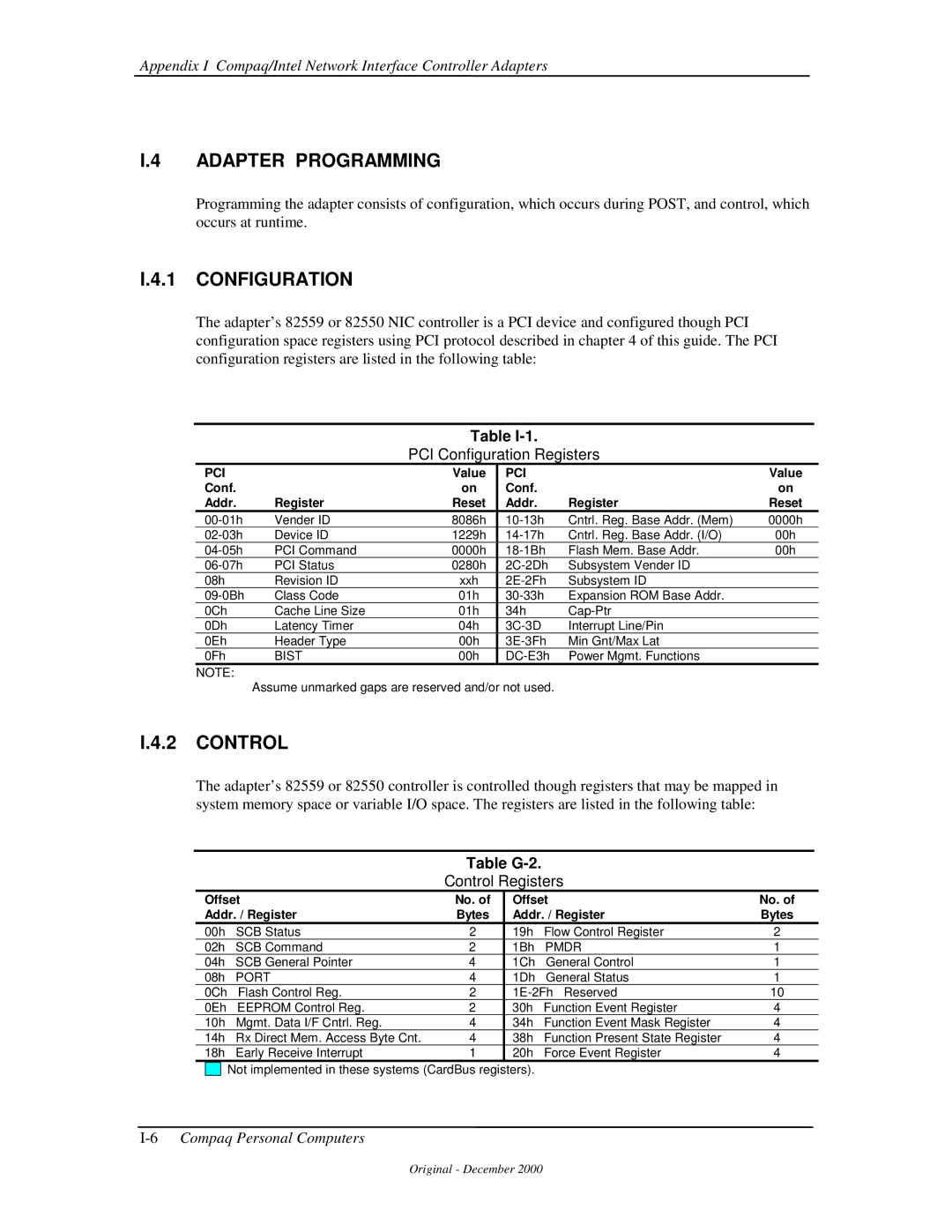 Compaq 850 manual Adapter Programming, Configuration, Control Registers 