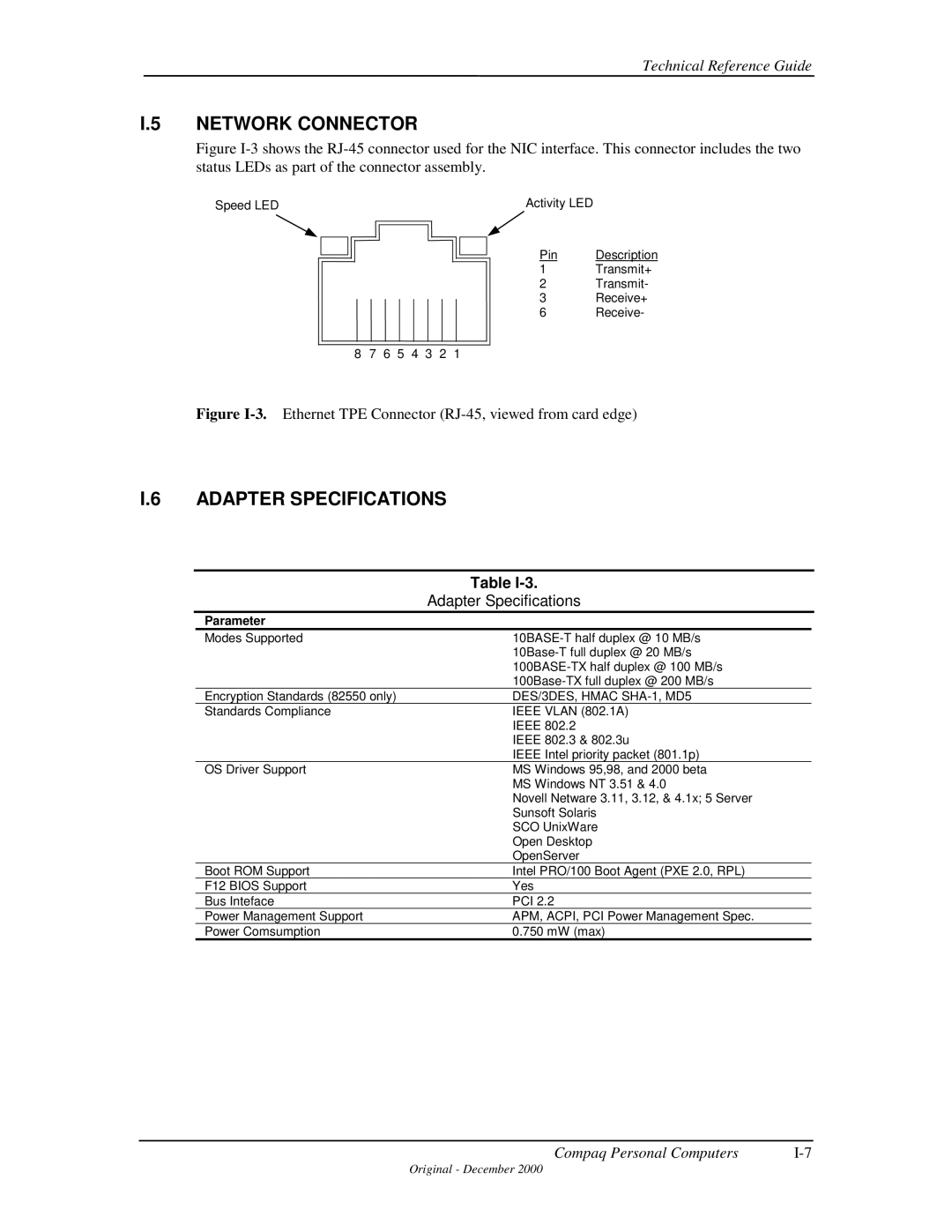 Compaq 850 manual Network Connector, Adapter Specifications, DES/3DES, Hmac SHA-1, MD5 