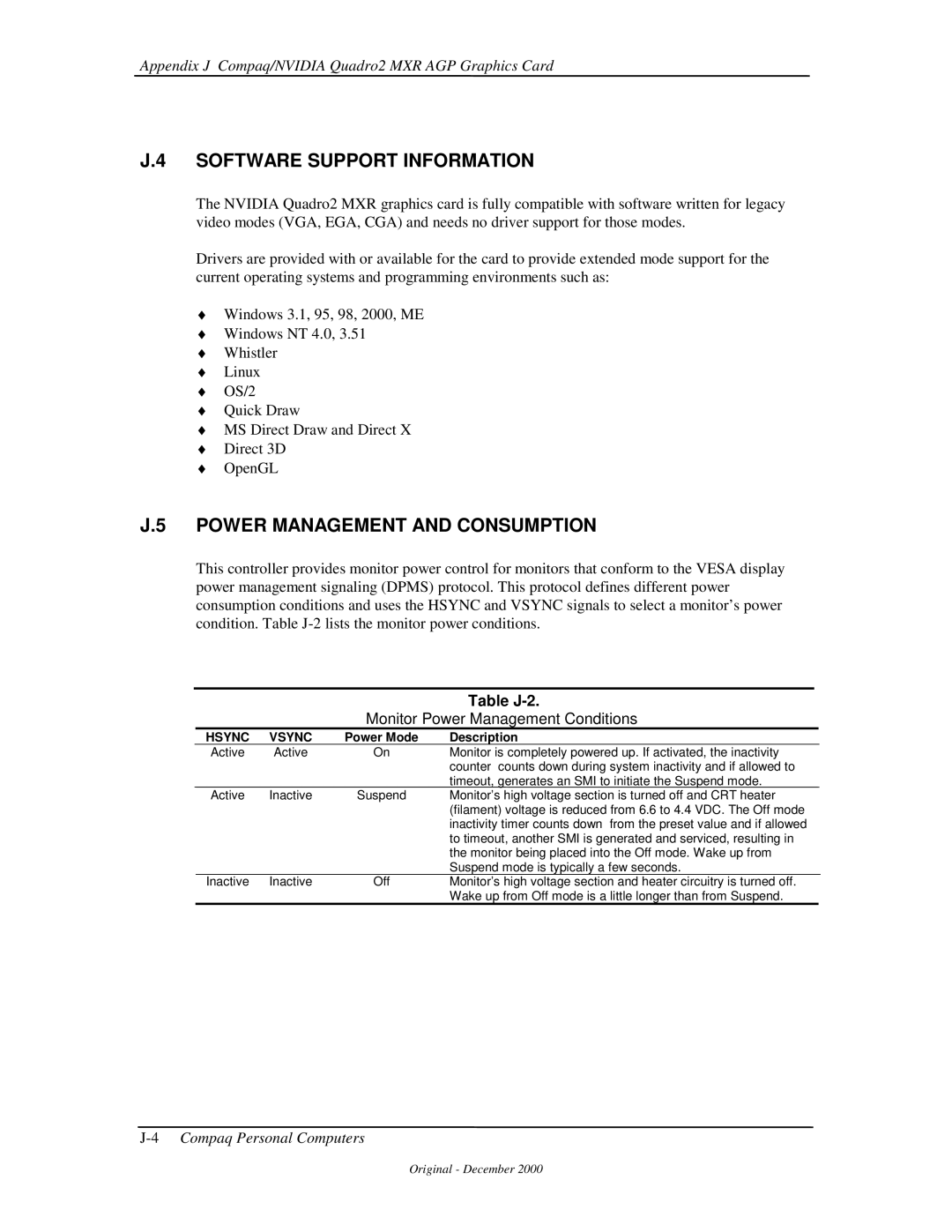 Compaq 850 manual Software Support Information, Table J-2 