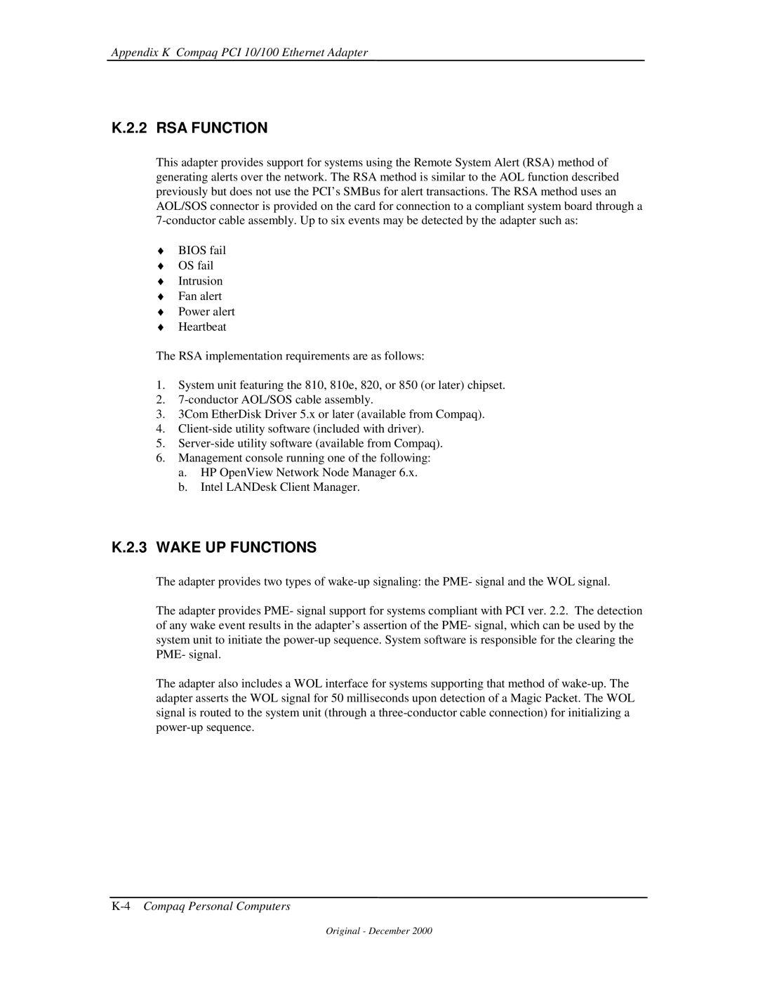 Compaq 850 manual RSA Function, Wake UP Functions 