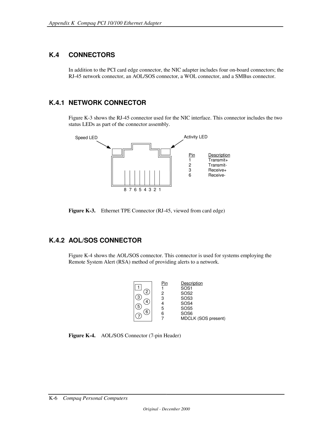 Compaq 850 manual 2 AOL/SOS Connector, Figure K-4.AOL/SOS Connector 7-pin Header 