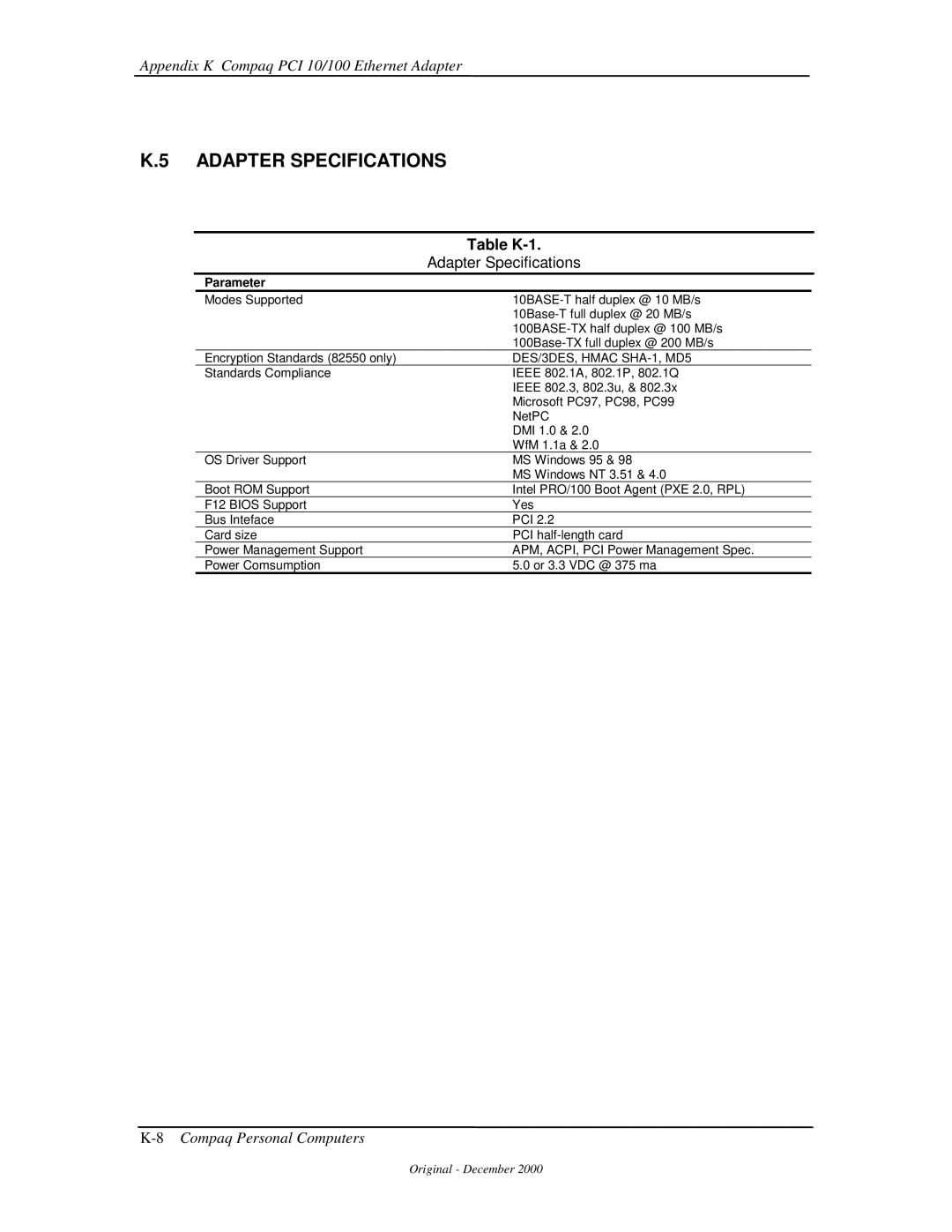 Compaq 850 manual Adapter Specifications, Table K-1 