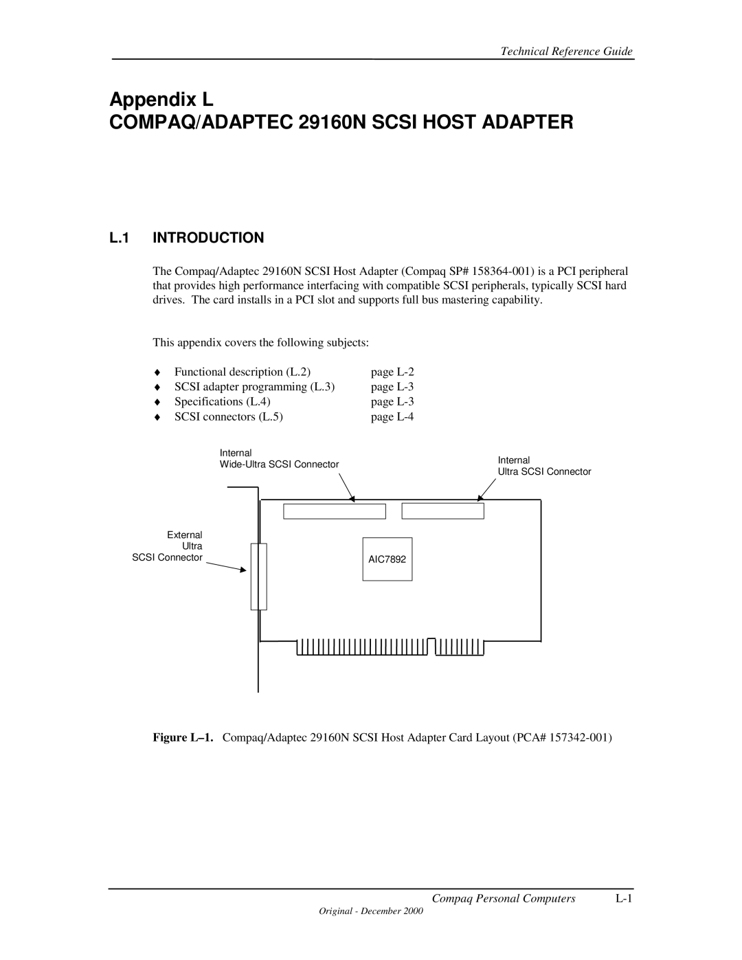 Compaq 850 manual COMPAQ/ADAPTEC 29160N Scsi Host Adapter, Appendix L Compaq/Adaptec Scsi Host Adapter 