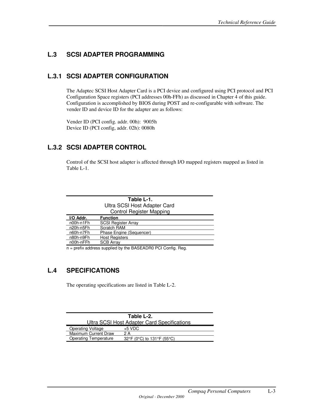 Compaq 850 manual Scsi Adapter Programming Scsi Adapter Configuration, Scsi Adapter Control, Table L-1, Table L-2 