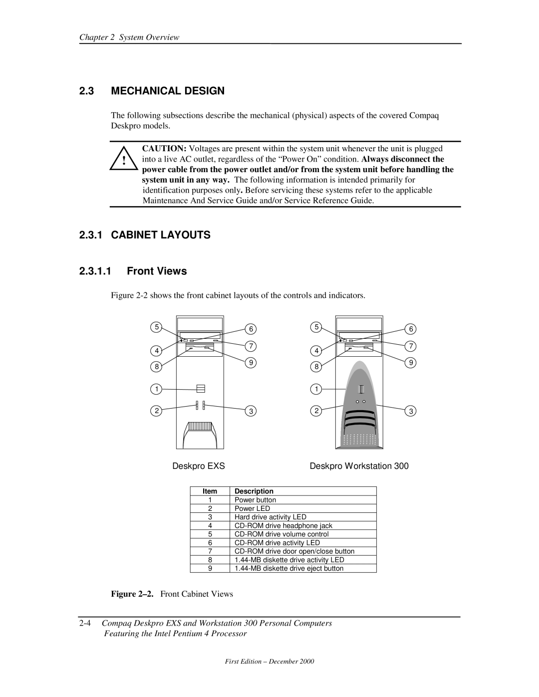 Compaq 850 manual Mechanical Design, Cabinet Layouts, Front Views, Deskpro EXS Deskpro Workstation 