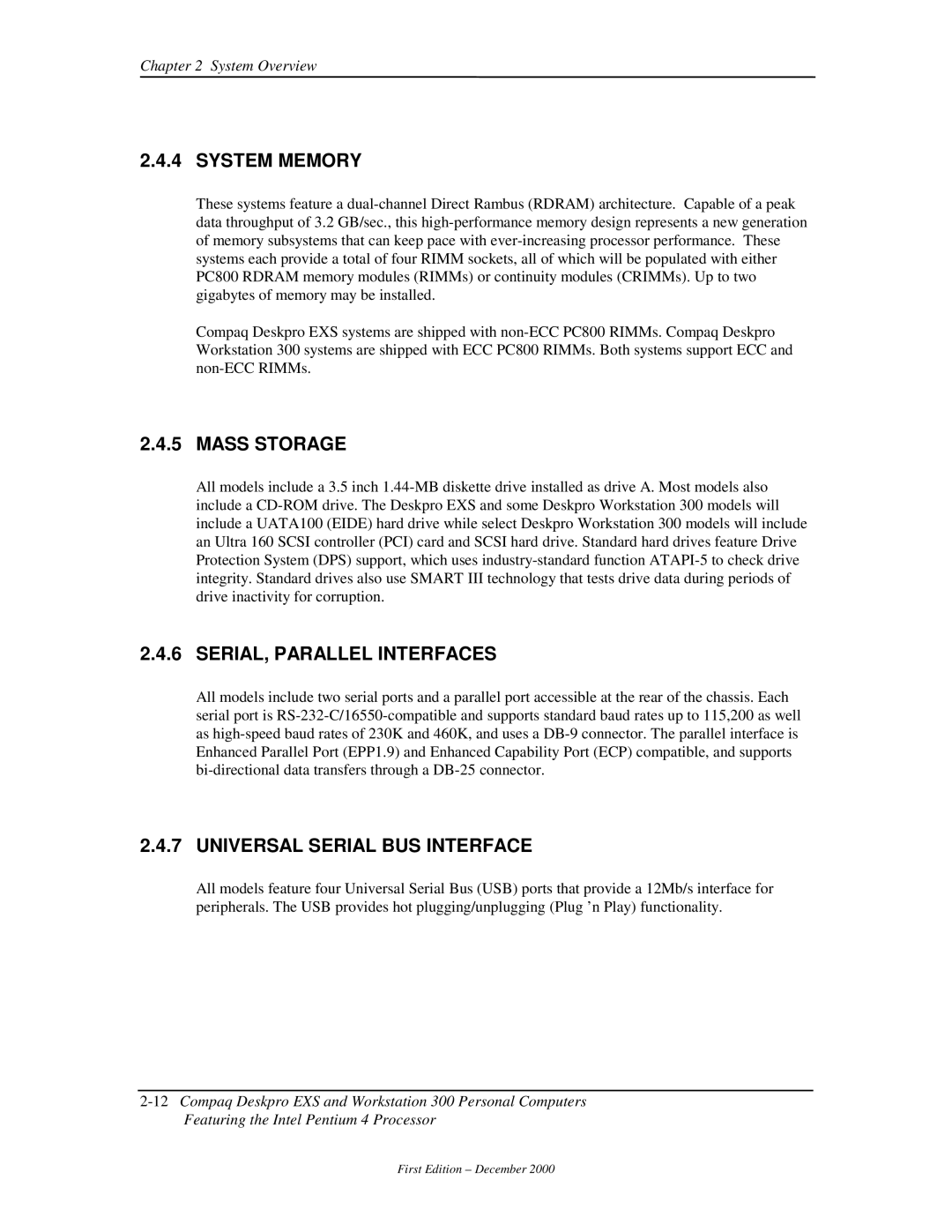 Compaq 850 manual System Memory, Mass Storage, SERIAL, Parallel Interfaces, Universal Serial BUS Interface 