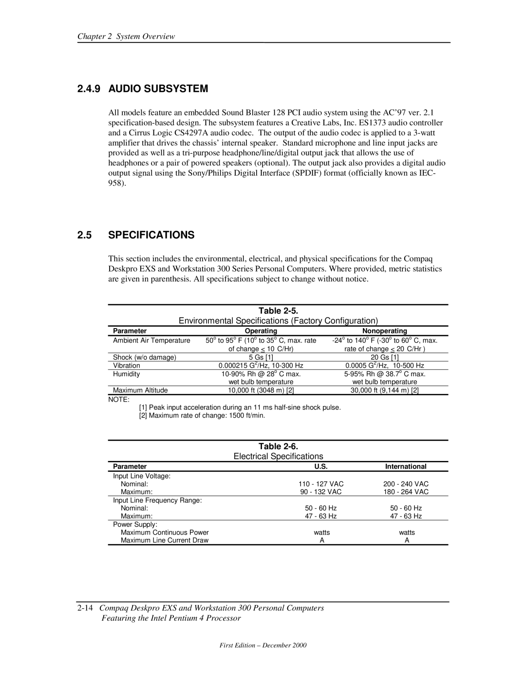 Compaq 850 manual Audio Subsystem, Environmental Specifications Factory Configuration, Electrical Specifications 