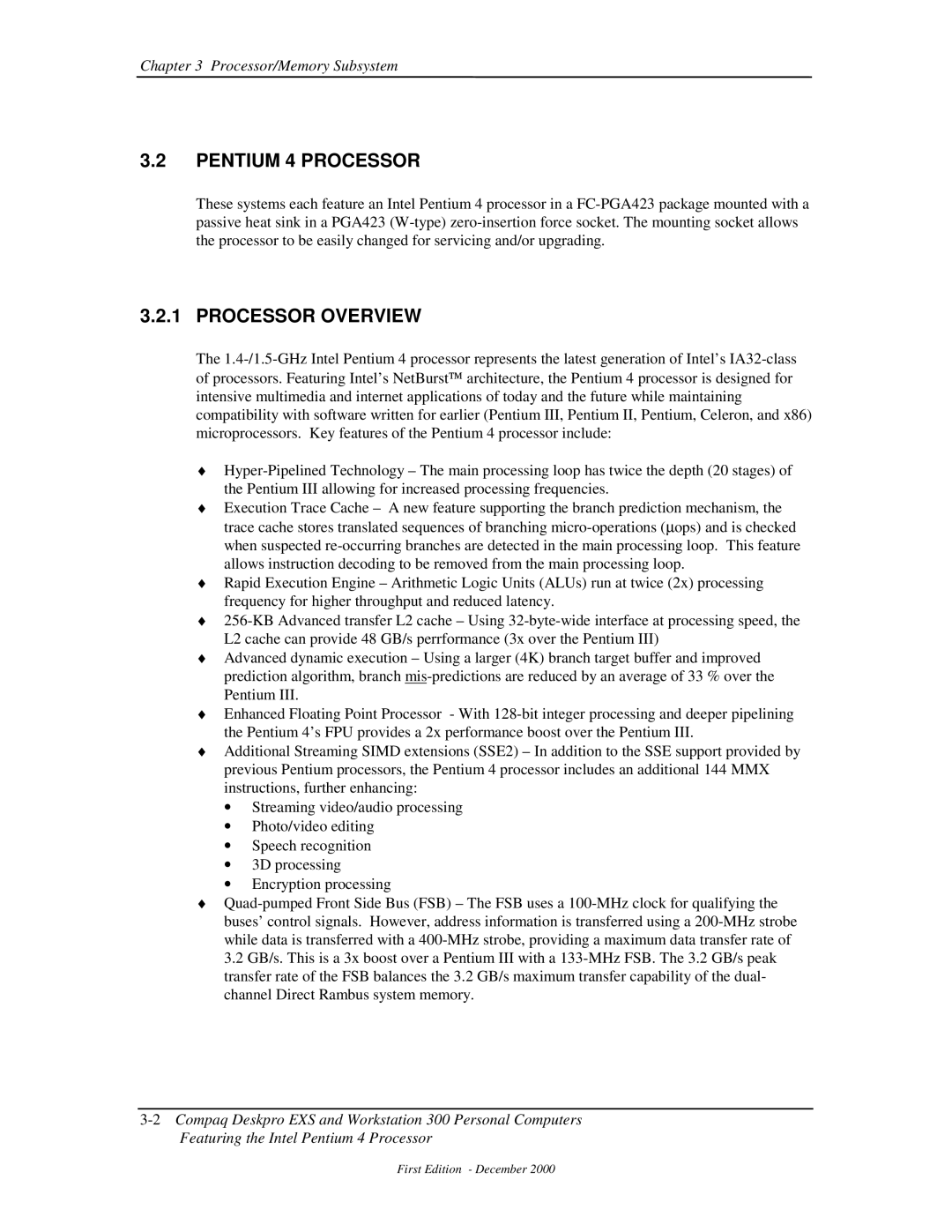 Compaq 850 manual Pentium 4 Processor, Processor Overview 