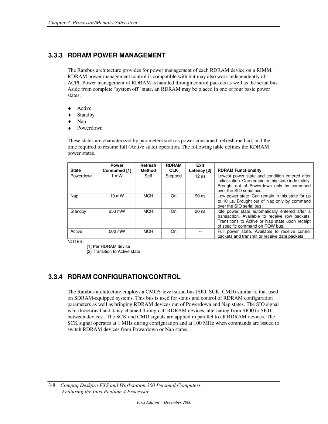 Compaq 850 manual Rdram Power Management, Rdram CONFIGURATION/CONTROL, State Power Refresh, Exit Rdram Functionality 