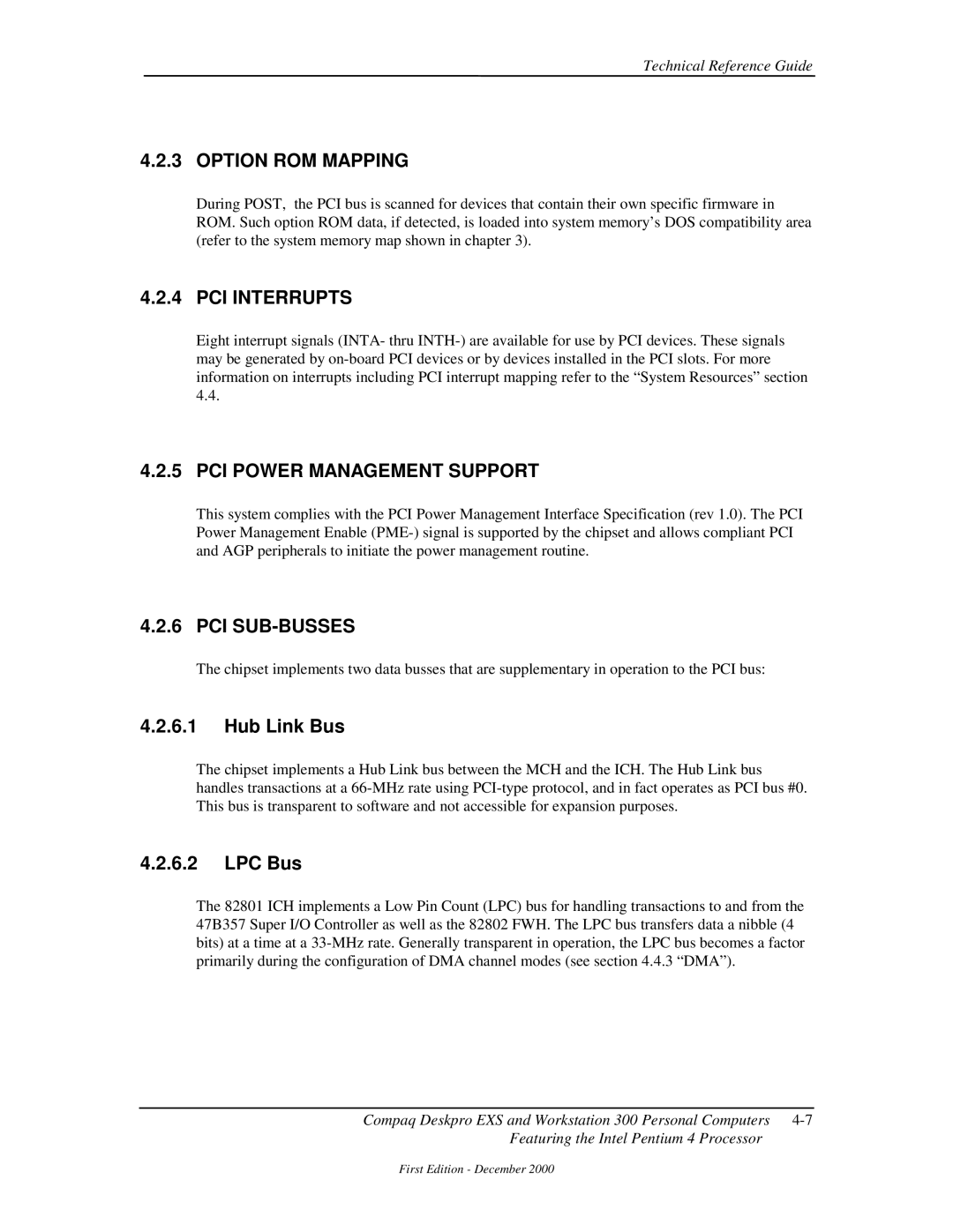 Compaq 850 manual Option ROM Mapping, PCI Interrupts, PCI Power Management Support, Pci Sub-Busses 