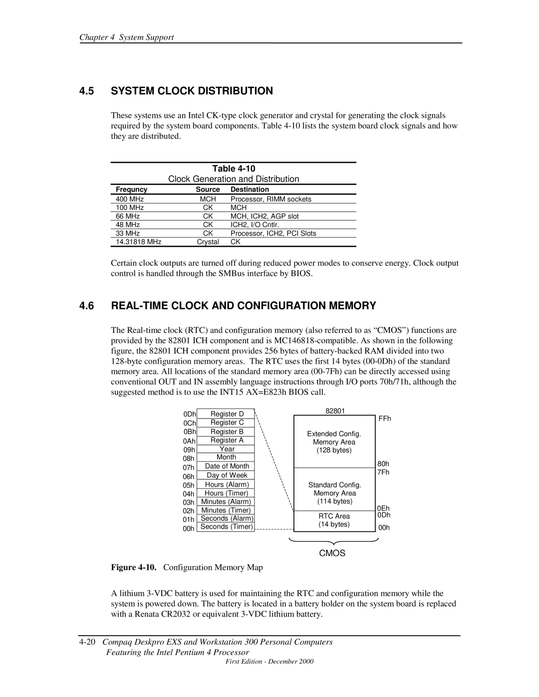 Compaq 850 manual System Clock Distribution, REAL-TIME Clock and Configuration Memory, Clock Generation and Distribution 