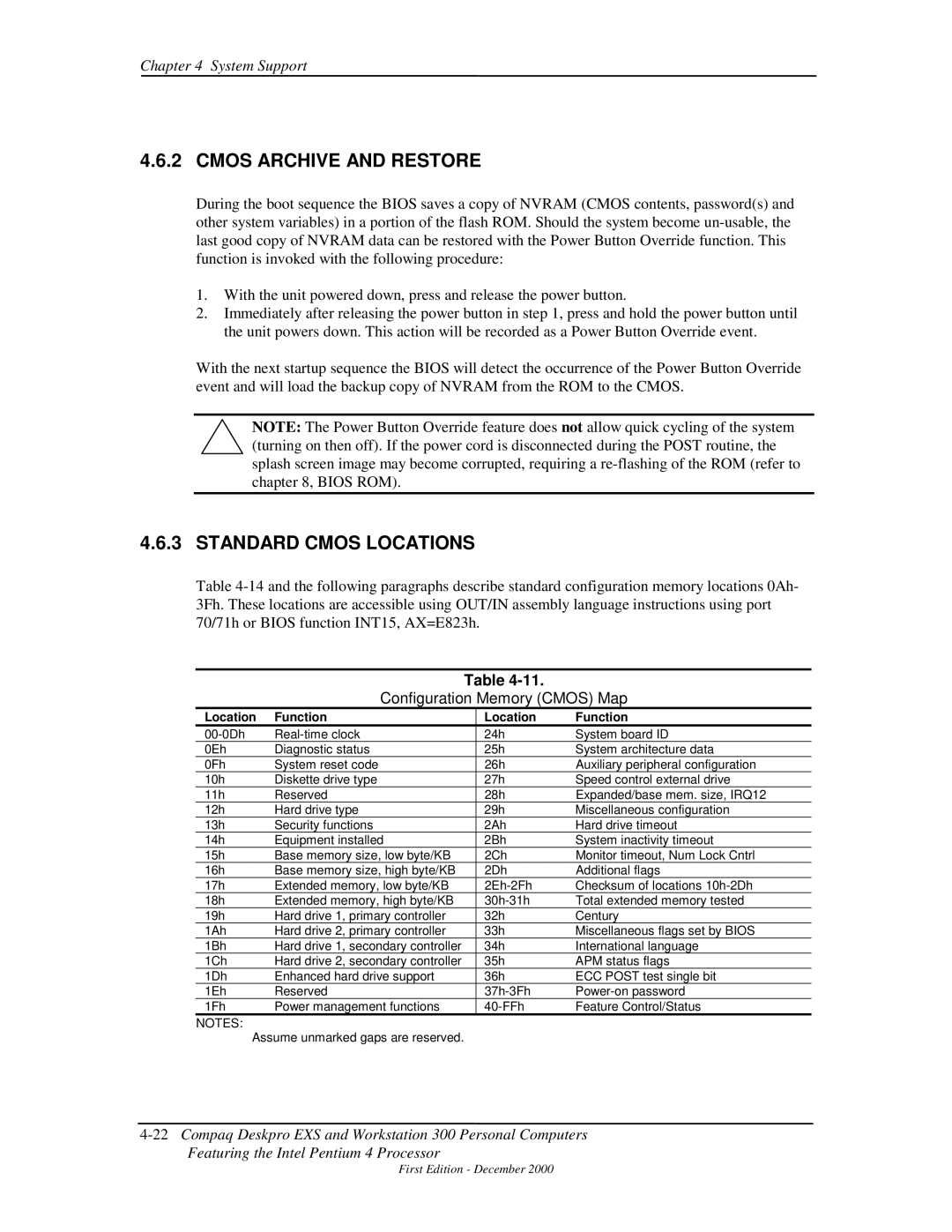 Compaq 850 manual Cmos Archive and Restore, Standard Cmos Locations, Configuration Memory Cmos Map, Location Function 