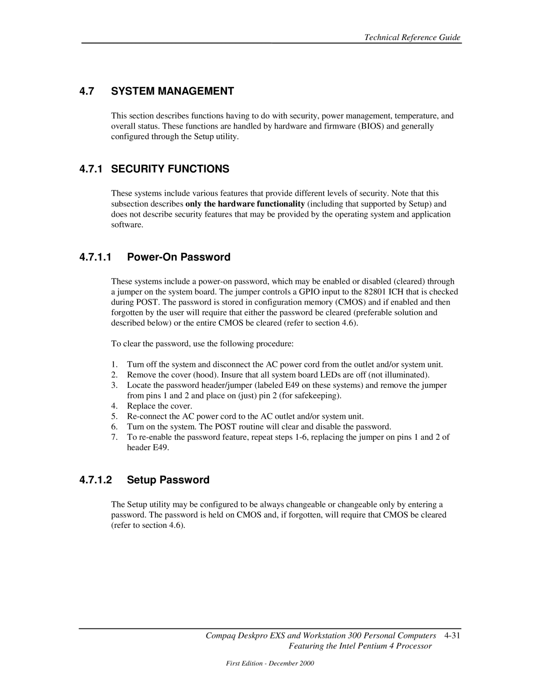 Compaq 850 manual System Management, Security Functions, Power-On Password, Setup Password 