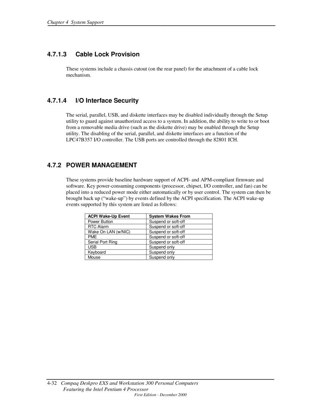 Compaq 850 manual Cable Lock Provision, 1.4 I/O Interface Security, Power Management, Acpi Wake-Up Event System Wakes From 