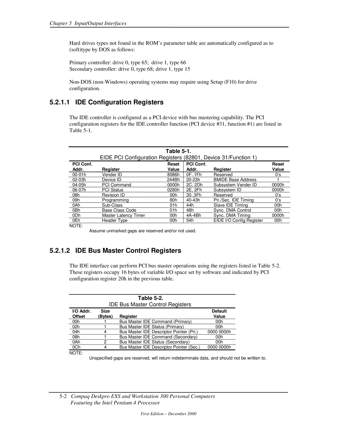 Compaq 850 manual IDE Configuration Registers, IDE Bus Master Control Registers 