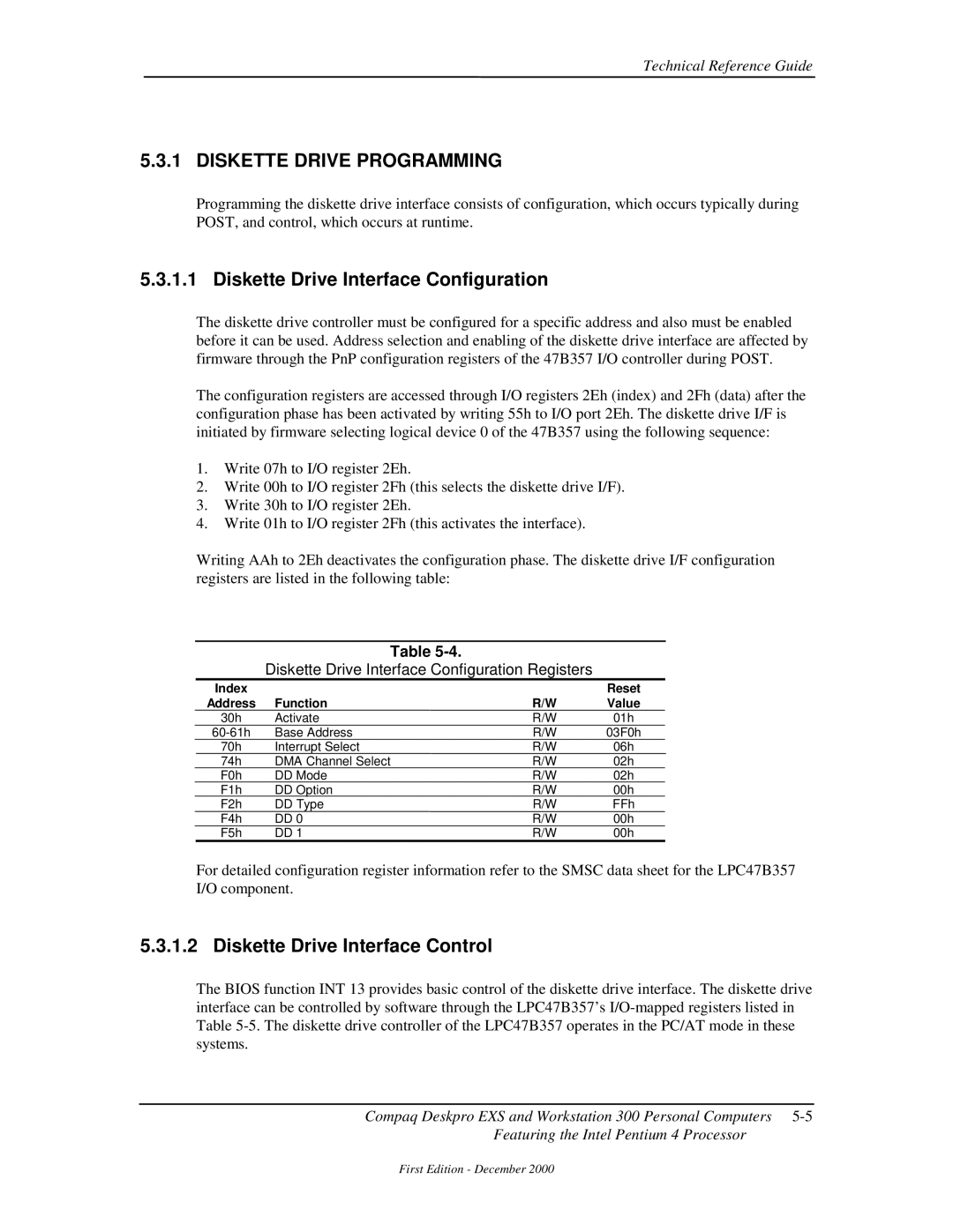 Compaq 850 manual Diskette Drive Programming, Diskette Drive Interface Configuration, Diskette Drive Interface Control 