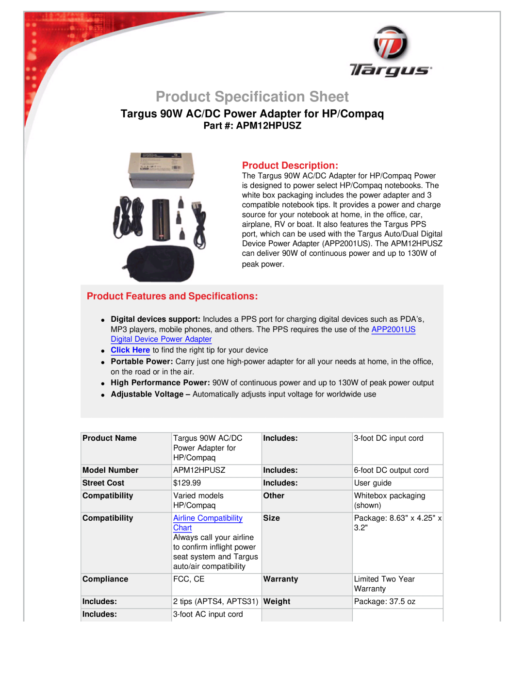 Compaq specifications Product Specification Sheet, Targus 90W AC/DC Power Adapter for HP/Compaq, APM12HPUSZ, Chart 