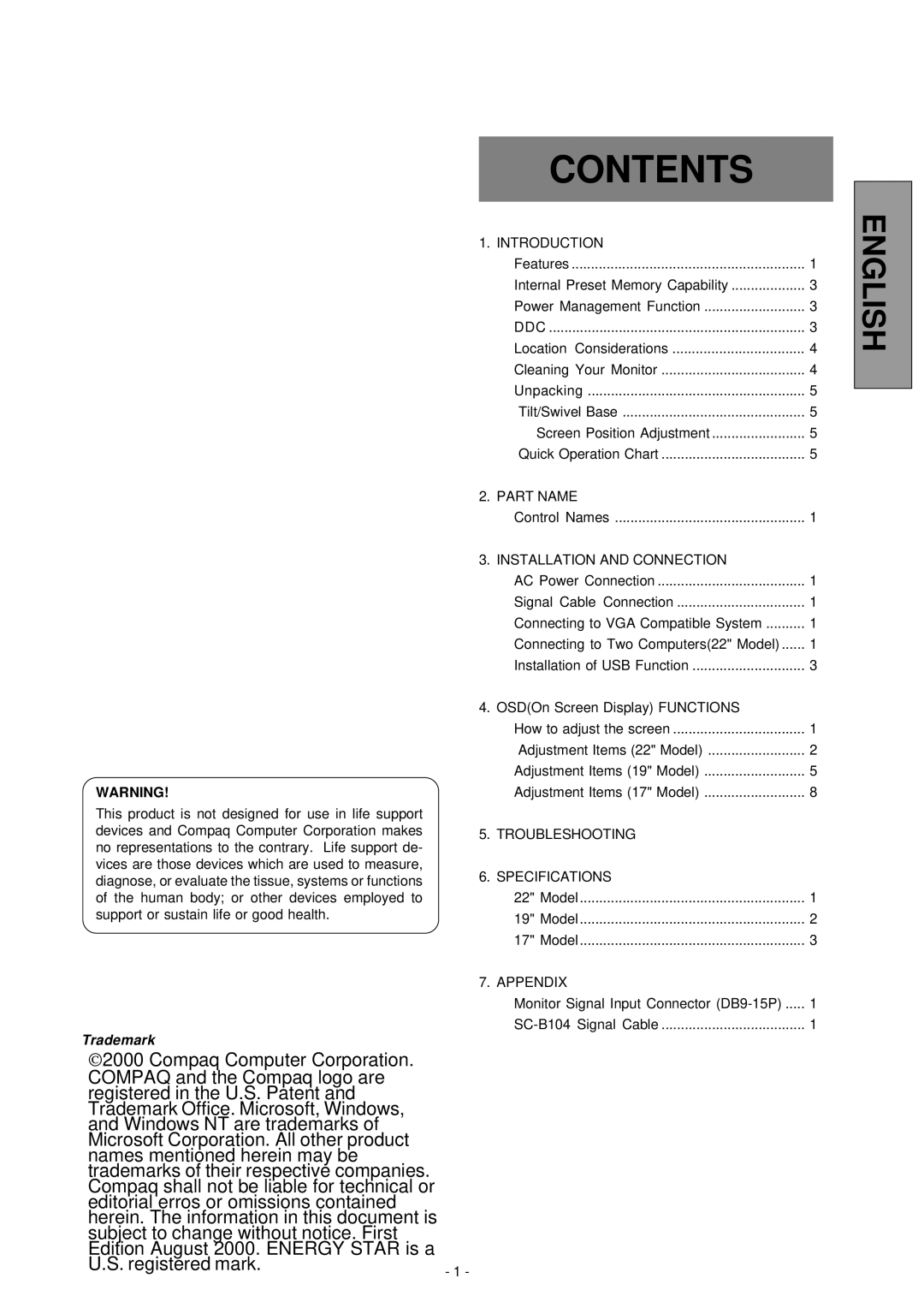 Compaq P710, 910, 1210 manual Contents 