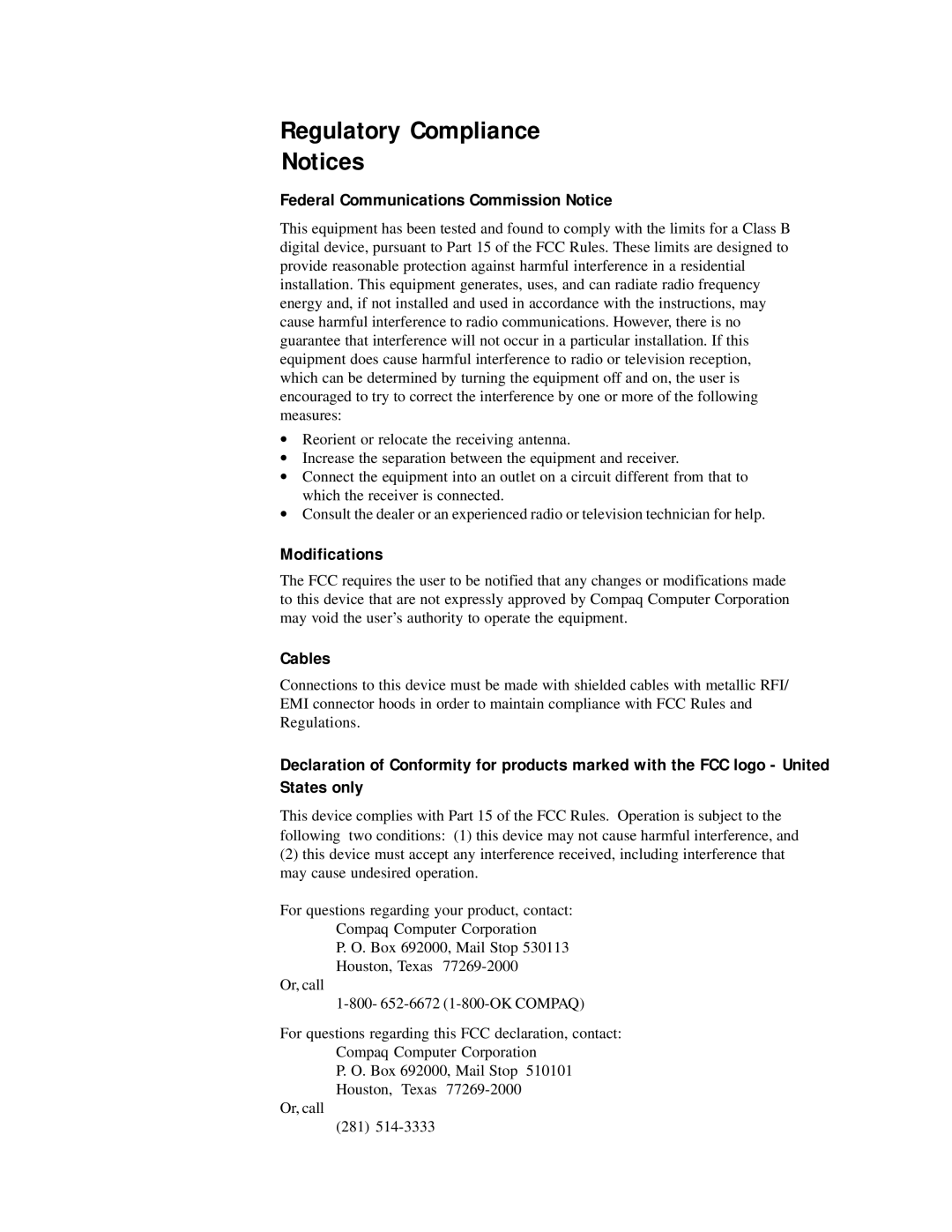 Compaq 910, 1210, P710 manual Regulatory Compliance 