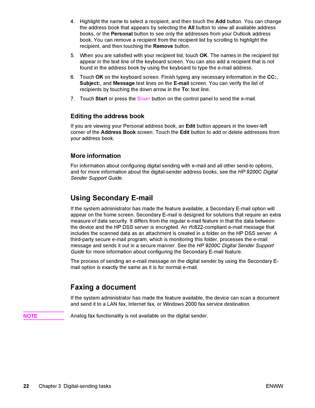 Compaq 9200c manual Using Secondary E-mail, Faxing a document, Editing the address book, More information 