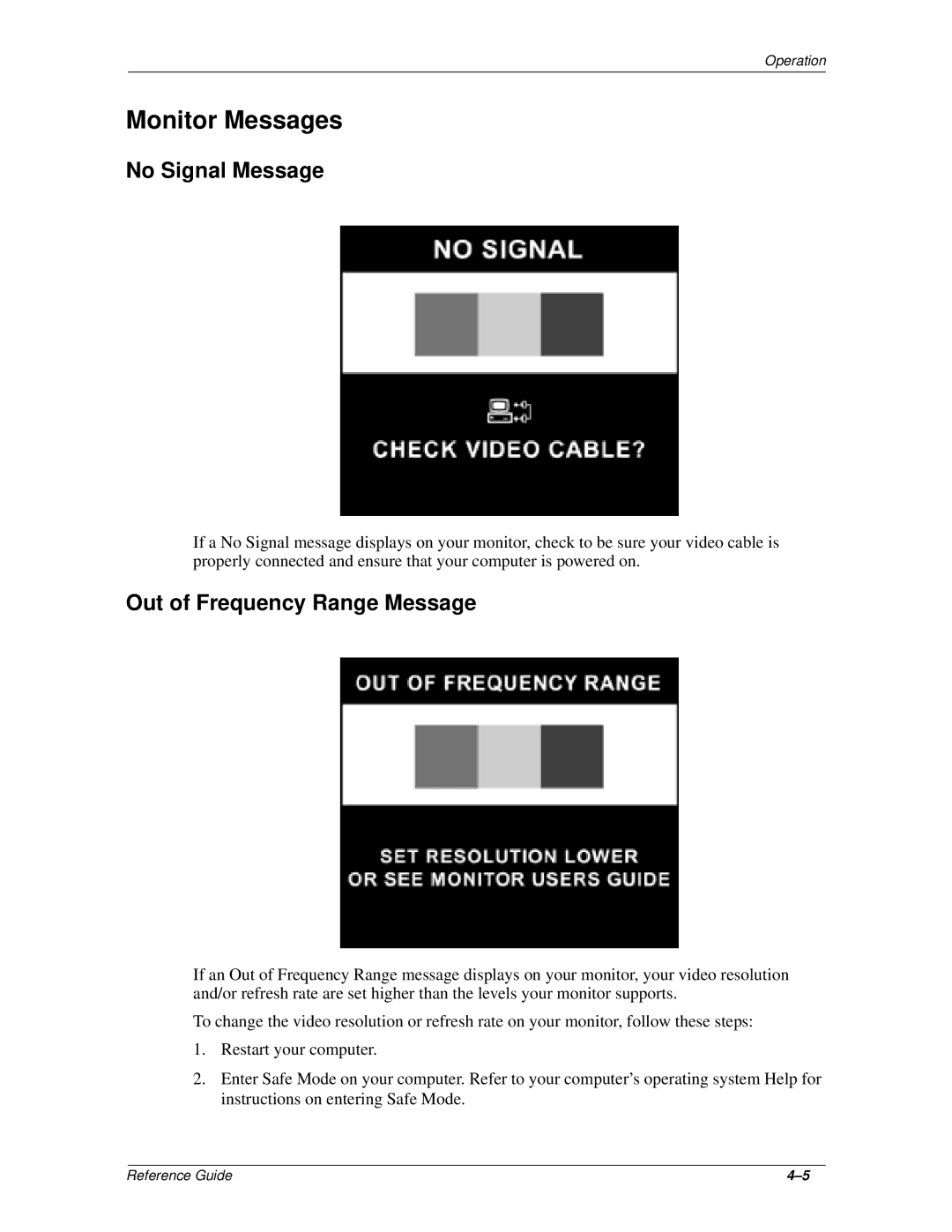 Compaq 9500, 7550, 7500 manual Monitor Messages, No Signal Message, Out of Frequency Range Message 