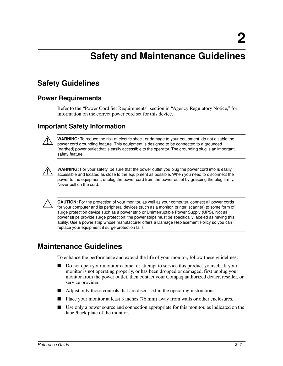 Compaq 9500, 7550 Safety and Maintenance Guidelines, Safety Guidelines, Power Requirements, Important Safety Information 