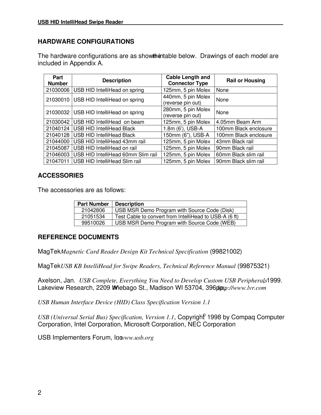 Compaq 99875320-5 manual Hardware Configurations, Accessories, Reference Documents, USB HID IntelliHead Swipe Reader 