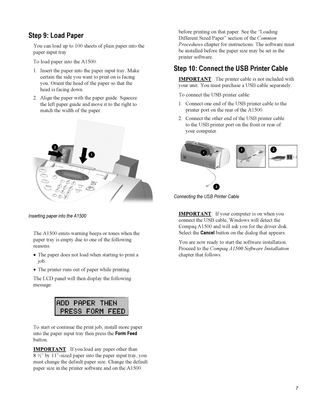 Compaq A1500 warranty Load Paper, Connect the USB Printer Cable 