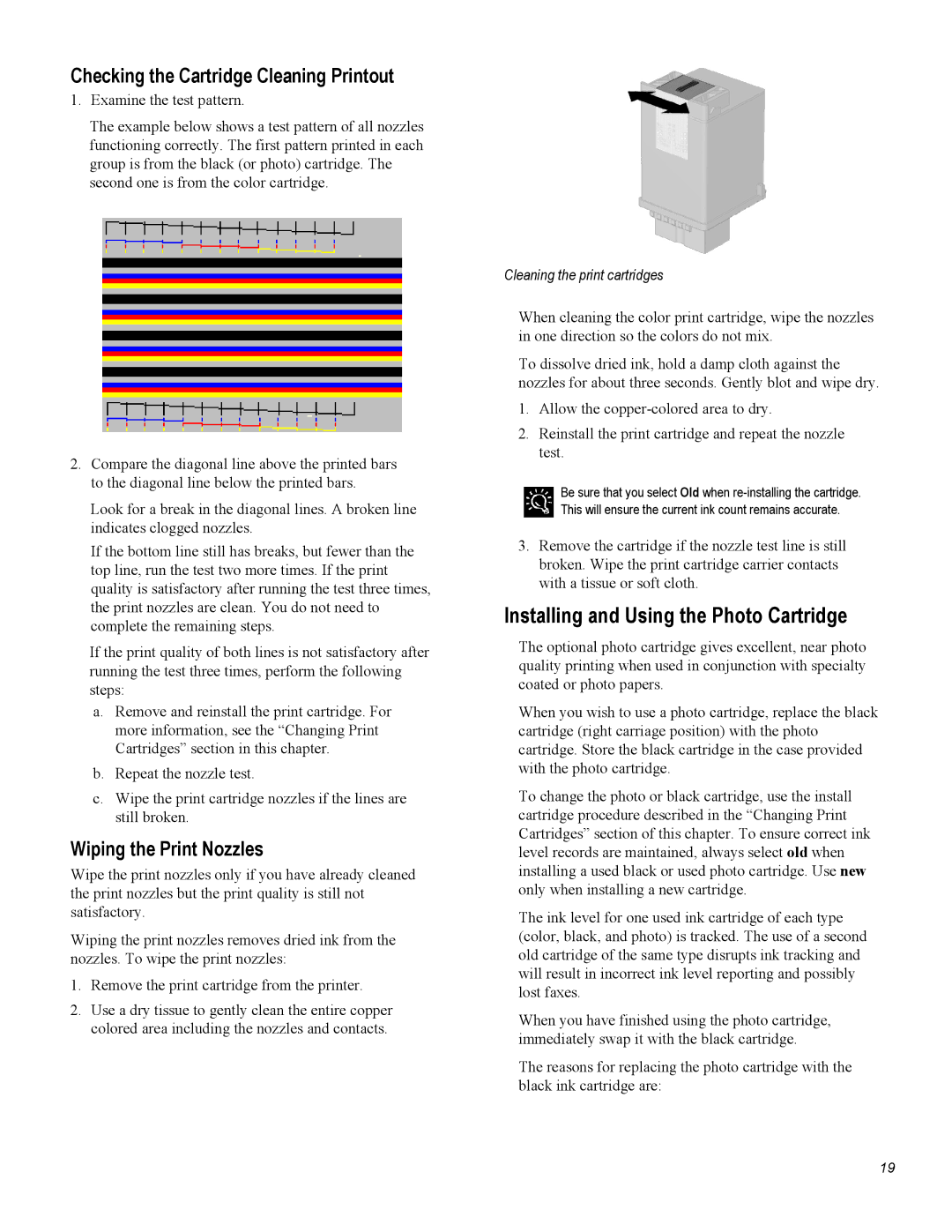 Compaq A1500 Installing and Using the Photo Cartridge, Checking the Cartridge Cleaning Printout, Wiping the Print Nozzles 